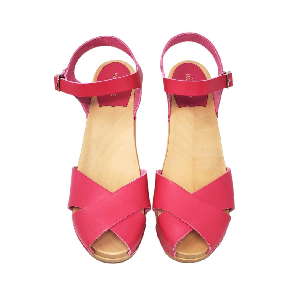 Swedish Hasbeens Mirja Heeled Clog Sandals Strappy Peep Toe Cherry Pink 41 US 11 - Picture 3 of 9